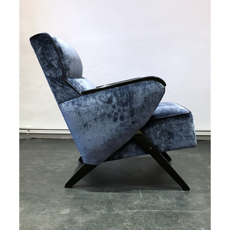 Mid-century blue lounge chair and ottoman in velvet and wood - 1950s