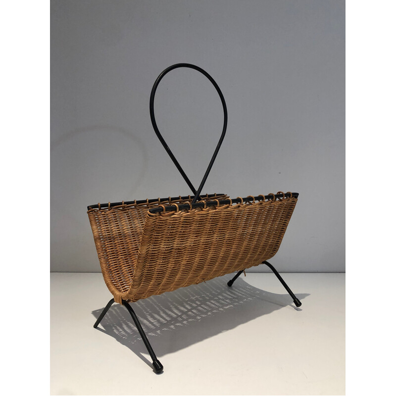 Vintage magazine rack in rattan and black lacquered metal, 1950