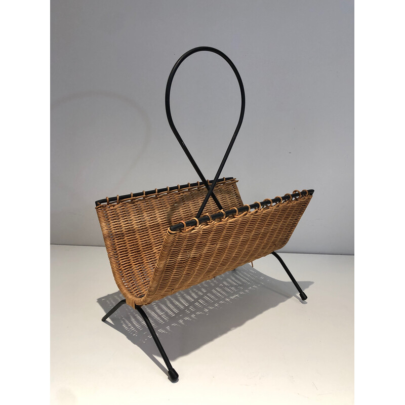Vintage magazine rack in rattan and black lacquered metal, 1950