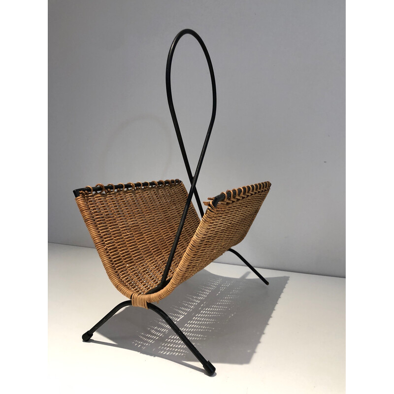 Vintage magazine rack in rattan and black lacquered metal, 1950