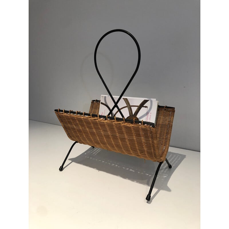 Vintage magazine rack in rattan and black lacquered metal, 1950