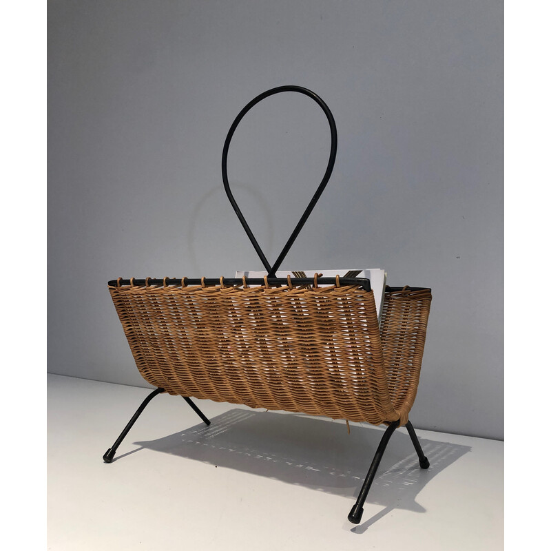 Vintage magazine rack in rattan and black lacquered metal, 1950