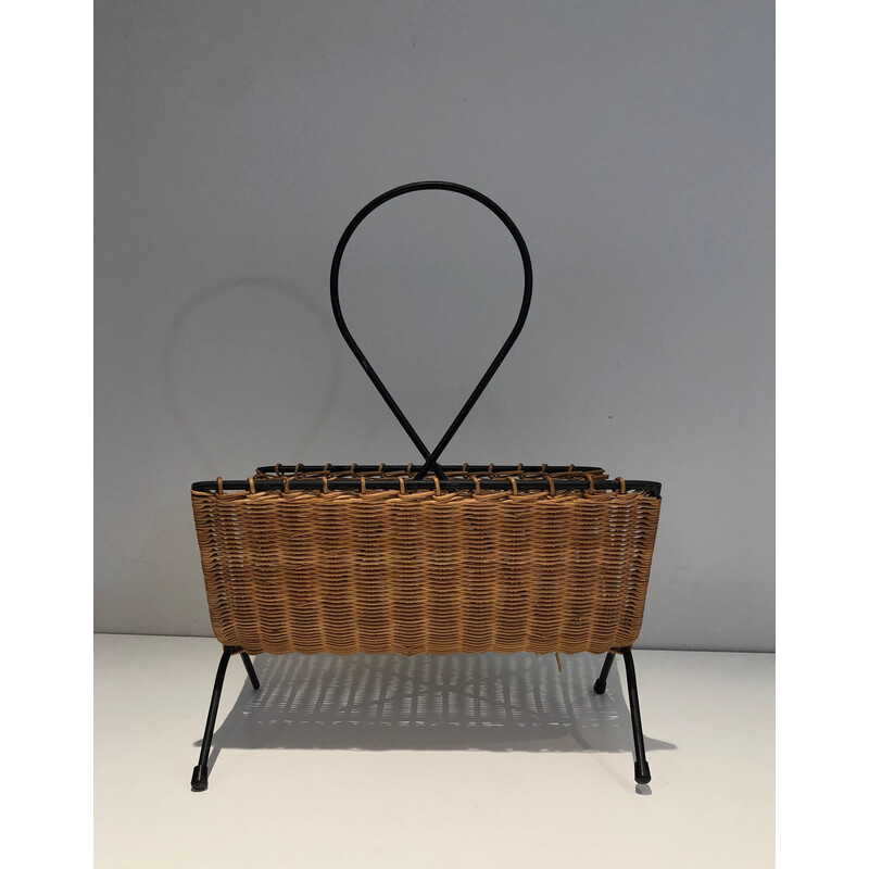 Vintage magazine rack in rattan and black lacquered metal, 1950