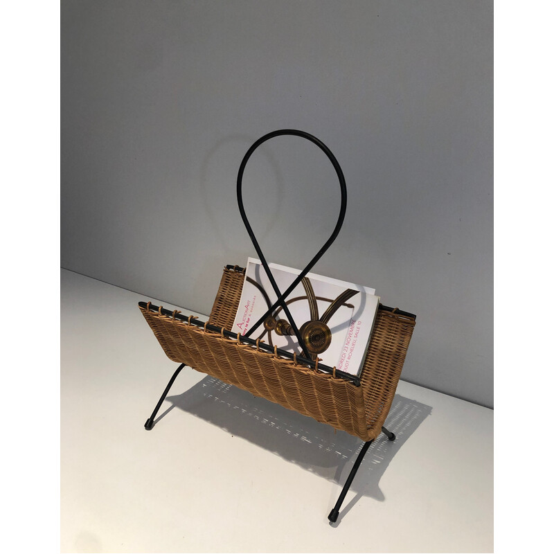 Vintage magazine rack in rattan and black lacquered metal, 1950