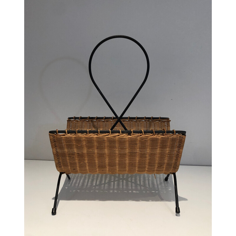 Vintage magazine rack in rattan and black lacquered metal, 1950