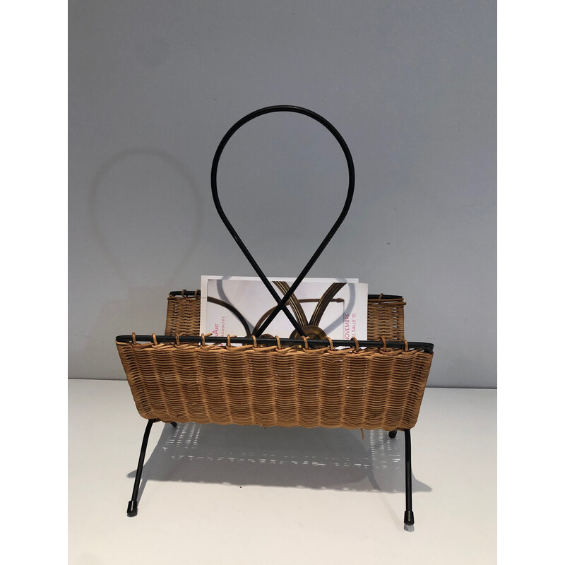 Vintage magazine rack in rattan and black lacquered metal, 1950