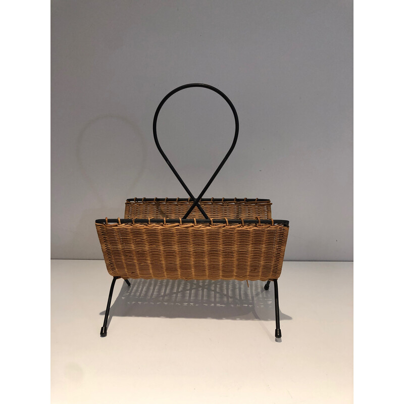 Vintage magazine rack in rattan and black lacquered metal, 1950