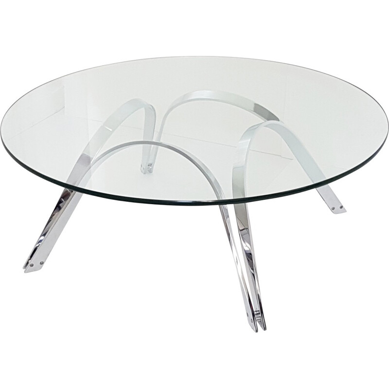  Dunbar round chromed steel and glass coffee table, Roger SPRUNGER - 1970s