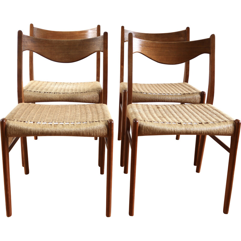Lot de 4 chaises scandinave vintage en teck et corde par Arne Wahl Iversen pour Glyngore Stolefabrik
