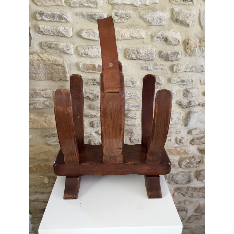 Vintage Brutalist magazine rack in stained elm and leather