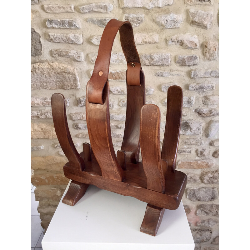 Vintage Brutalist magazine rack in stained elm and leather