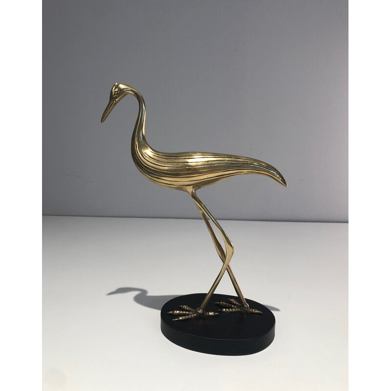 Oiseau stylisé vintage en laiton sur socle en bois noirci, 1970