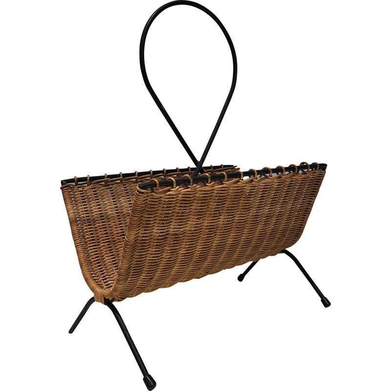 Portariviste vintage in metallo laccato nero e rattan, 1950