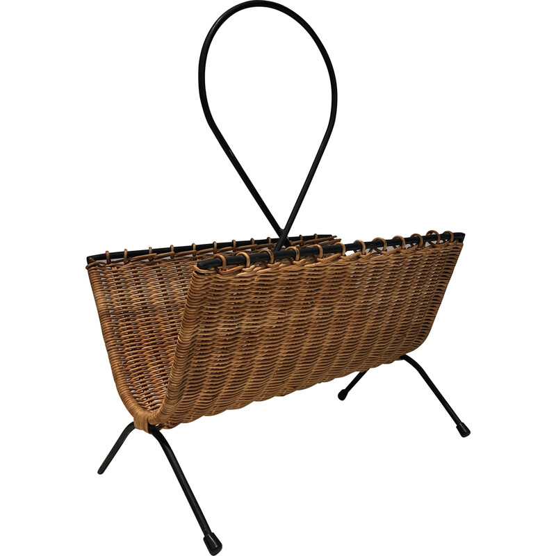 Vintage magazine rack in rattan and black lacquered metal, 1950