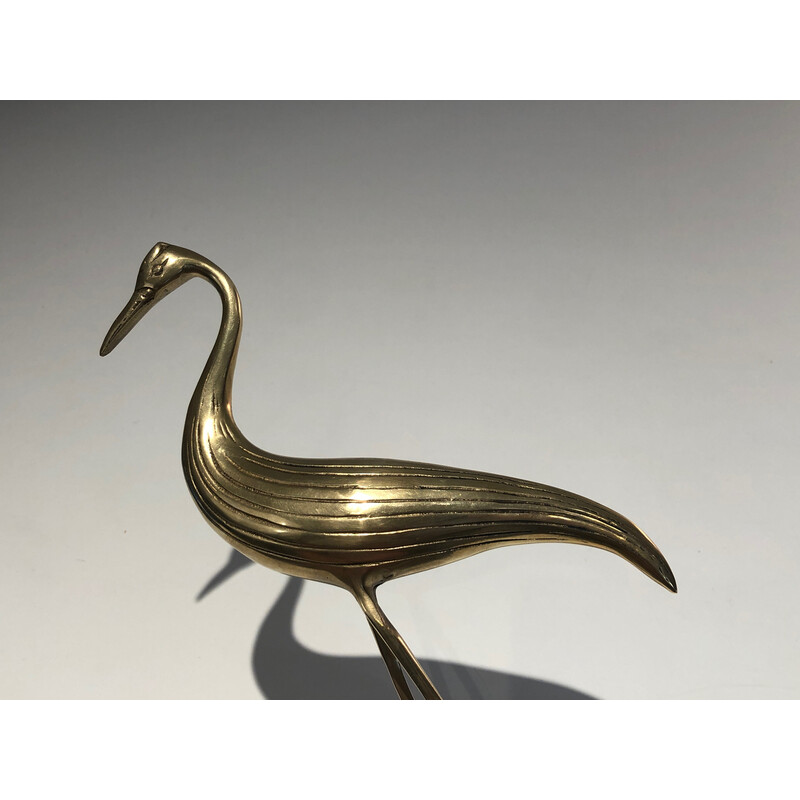 Oiseau stylisé vintage en laiton sur socle en bois noirci, 1970