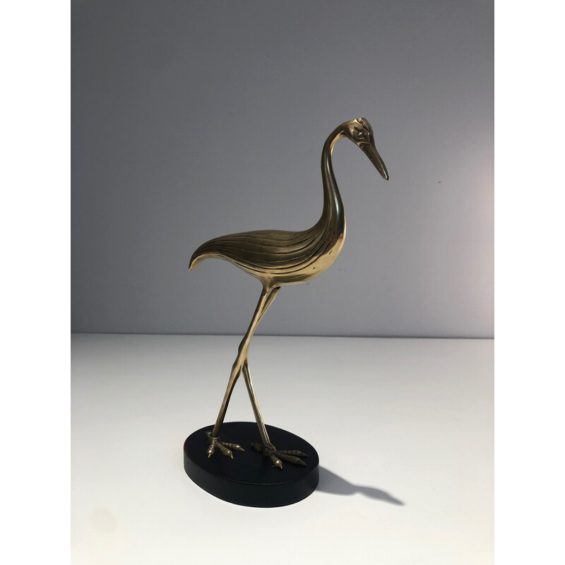 Vintage stylized bird in brass on blackened wood base, 1970