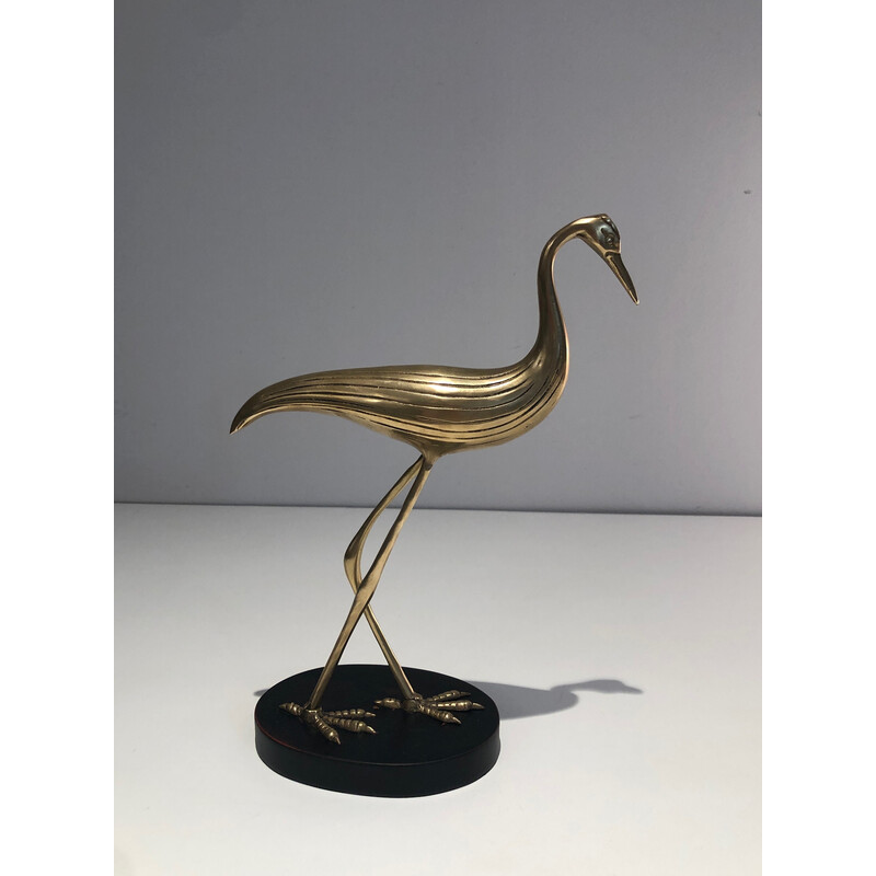 Oiseau stylisé vintage en laiton sur socle en bois noirci, 1970