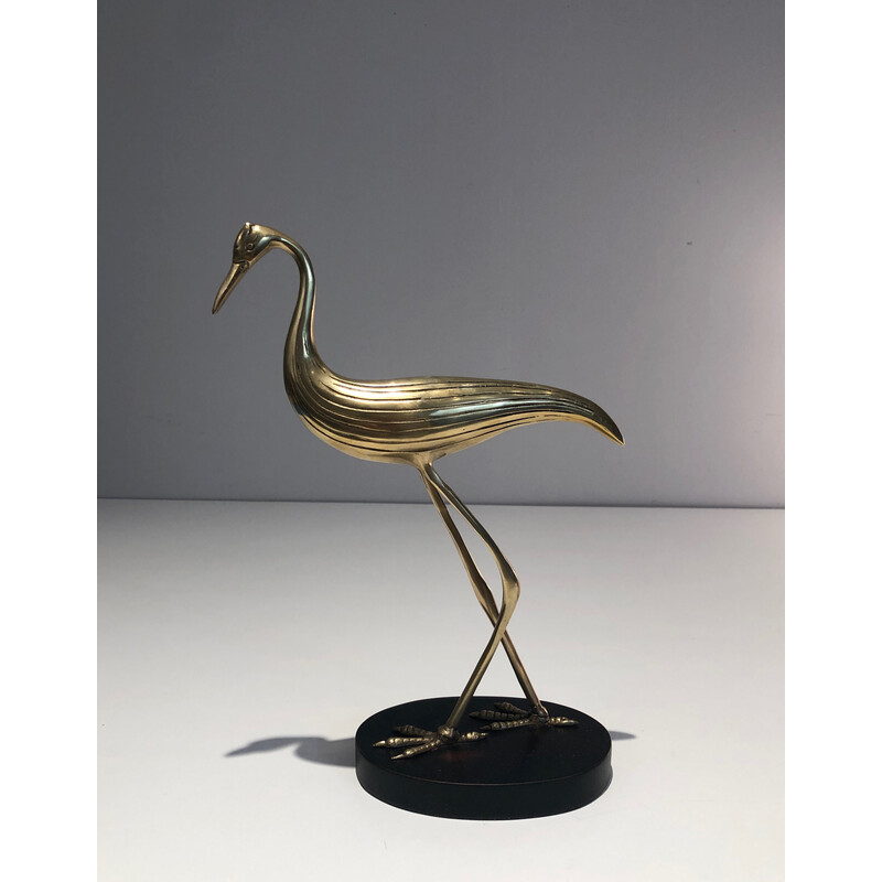 Oiseau stylisé vintage en laiton sur socle en bois noirci, 1970