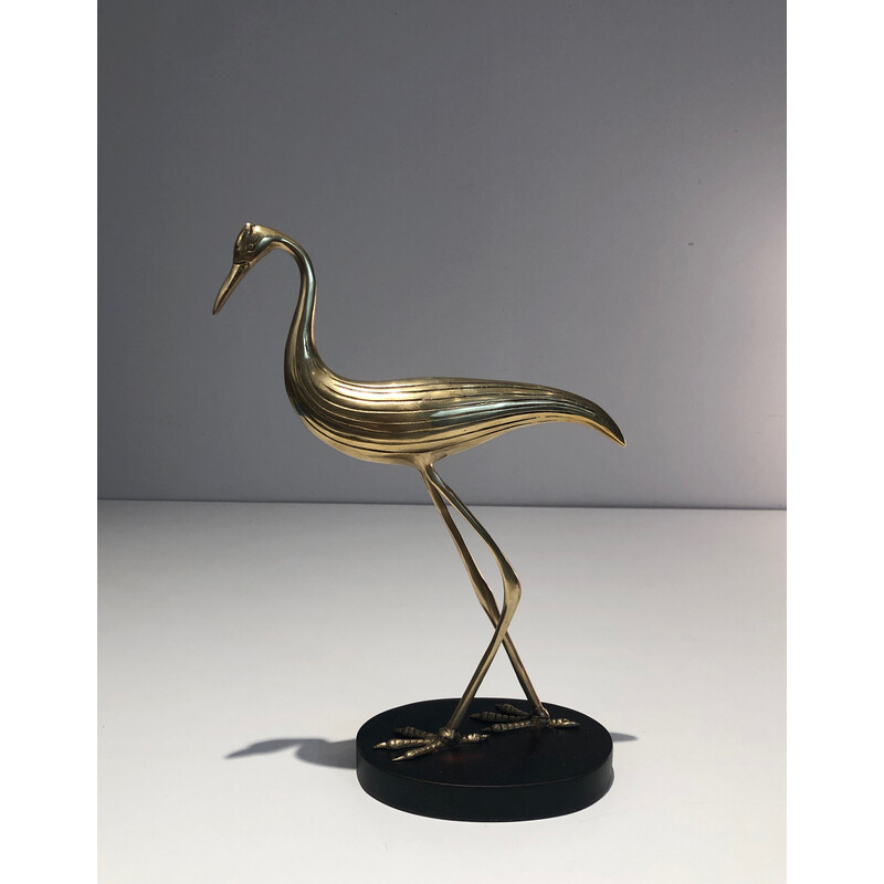 Vintage stylized bird in brass on blackened wood base, 1970