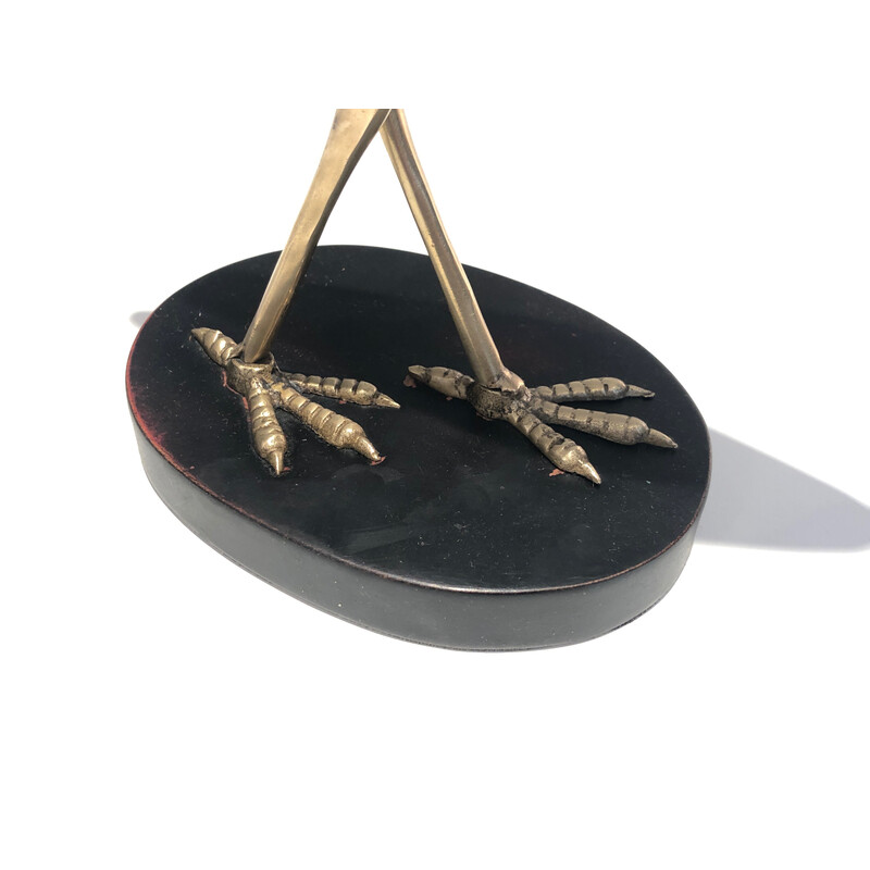 Vintage stylized bird in brass on blackened wood base, 1970