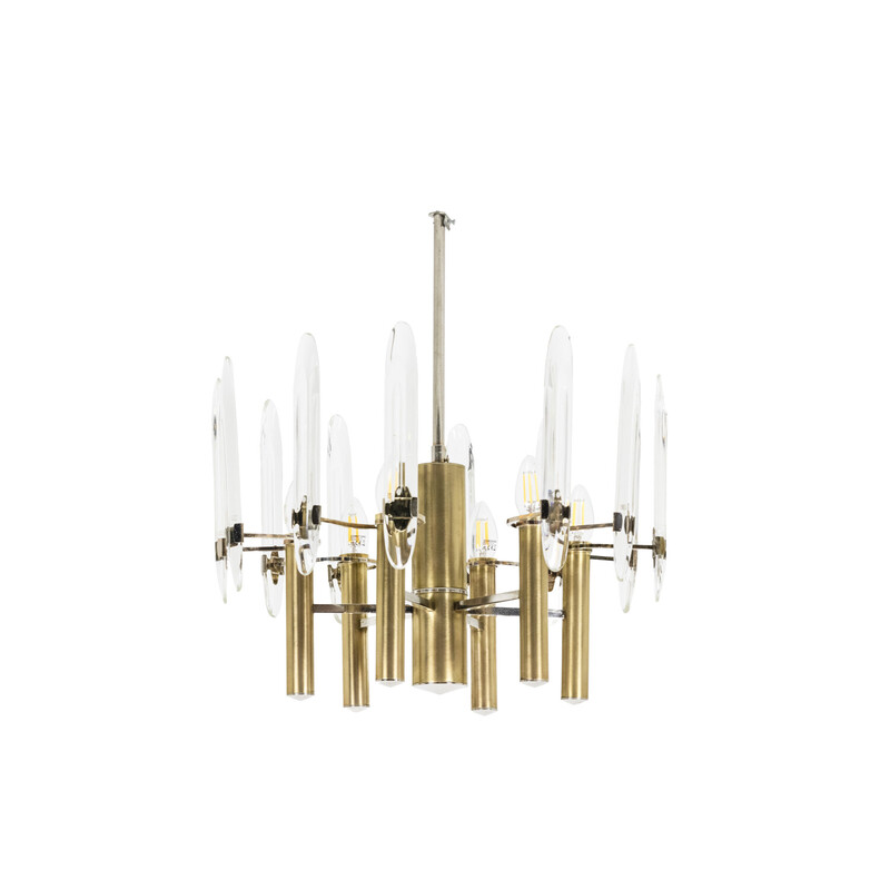 Vintage brass, chrome and crystal chandelier by Gaetano Sciolari, 1970