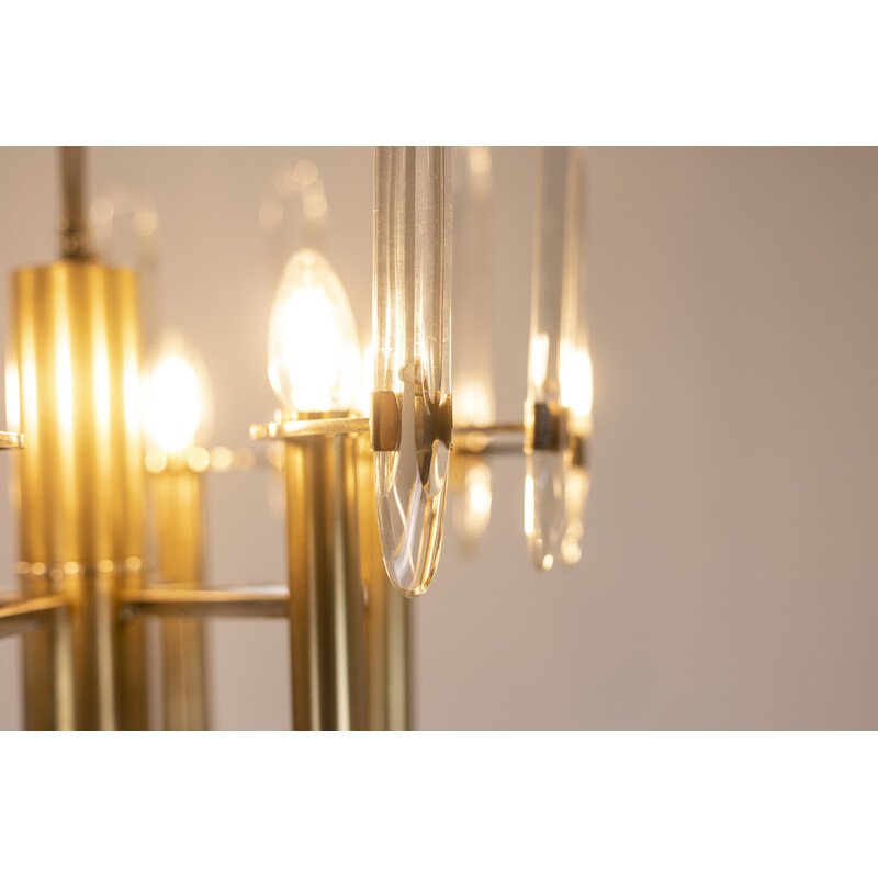 Vintage brass, chrome and crystal chandelier by Gaetano Sciolari, 1970