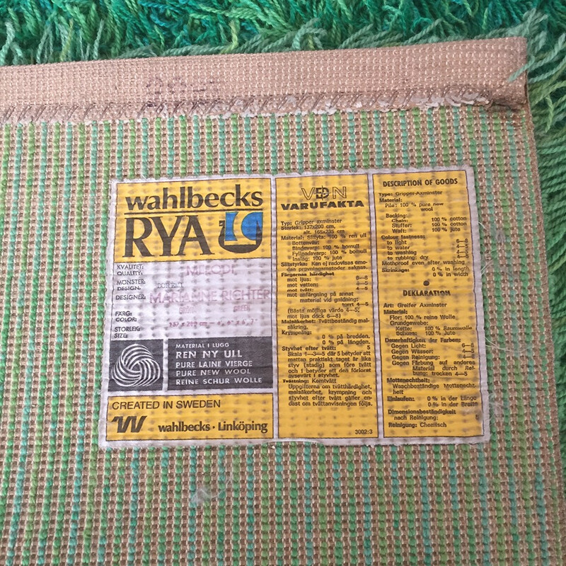 Green rya rug Wahlbecks AB,  Marianne RICHTER - 1960s