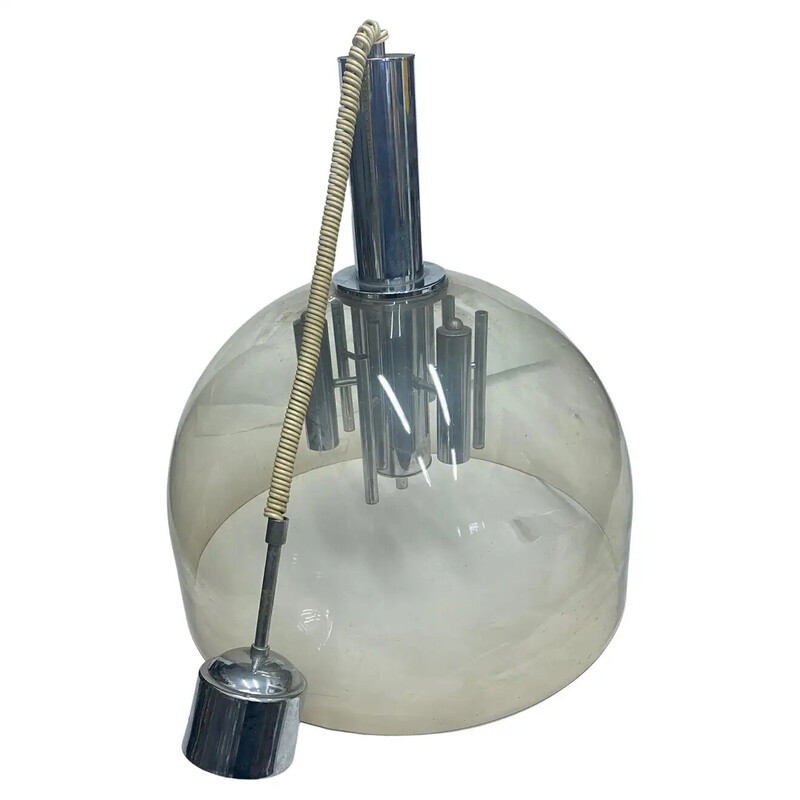 Lámpara de suspensión italiana de la era espacial en plexiglás gris y metal cromado, 1970