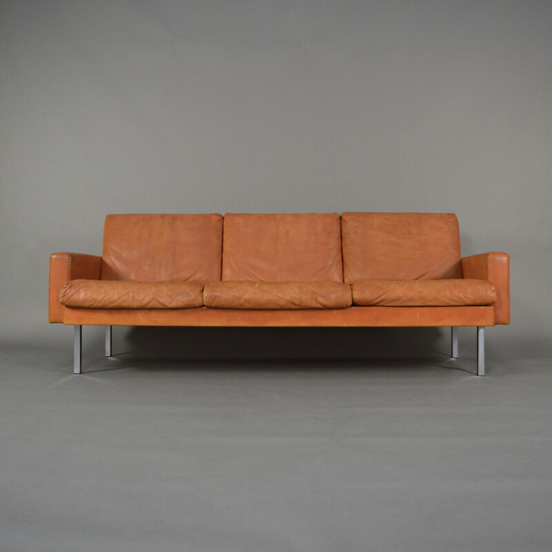 Canapé 3 places Spectrum en cuir marron et métal chromé, Martin VISSER - 1960