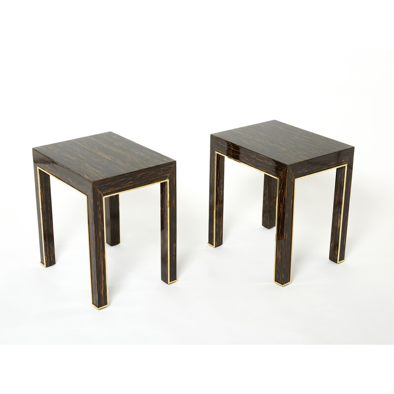 Pair of vintage palm wood and brass side tables by Romeo Paris, 1970