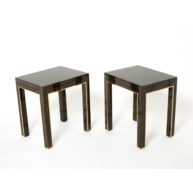 Pair of vintage palm wood and brass side tables by Romeo Paris, 1970