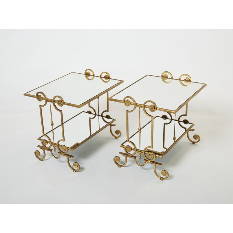 Paire de tables d’appoint vintage en fer forgé dorée et miroirs, 1950