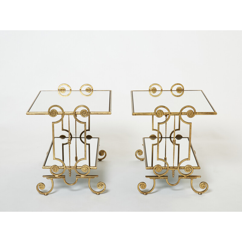 Pair of vintage wrought iron side tables with mirrors, 1950