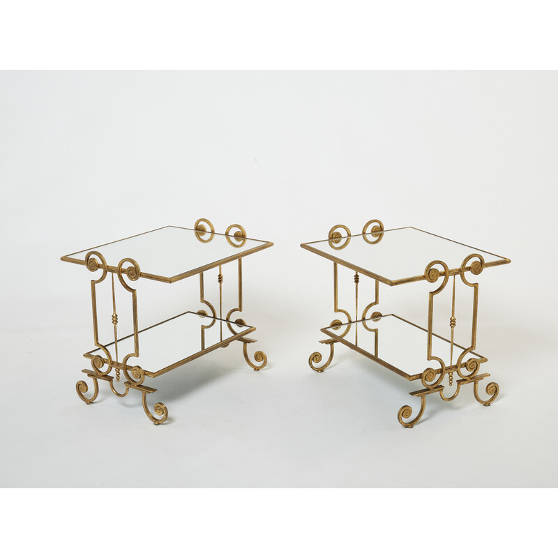 Pair of vintage wrought iron side tables with mirrors, 1950