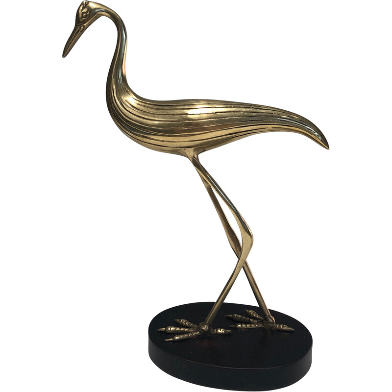 Oiseau stylisé vintage en laiton sur socle en bois noirci, 1970