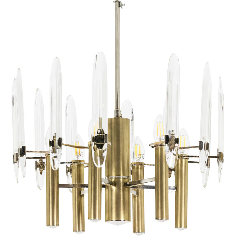 Vintage brass, chrome and crystal chandelier by Gaetano Sciolari, 1970