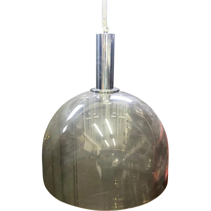 Lampada a sospensione italiana di tipo space-age in plexiglass grigio e metallo cromato, 1970