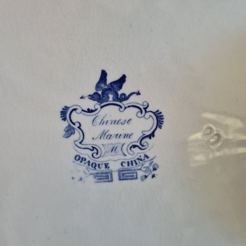 Assiette de service à viande vintage en porcelaine bleue et blanche, 1830