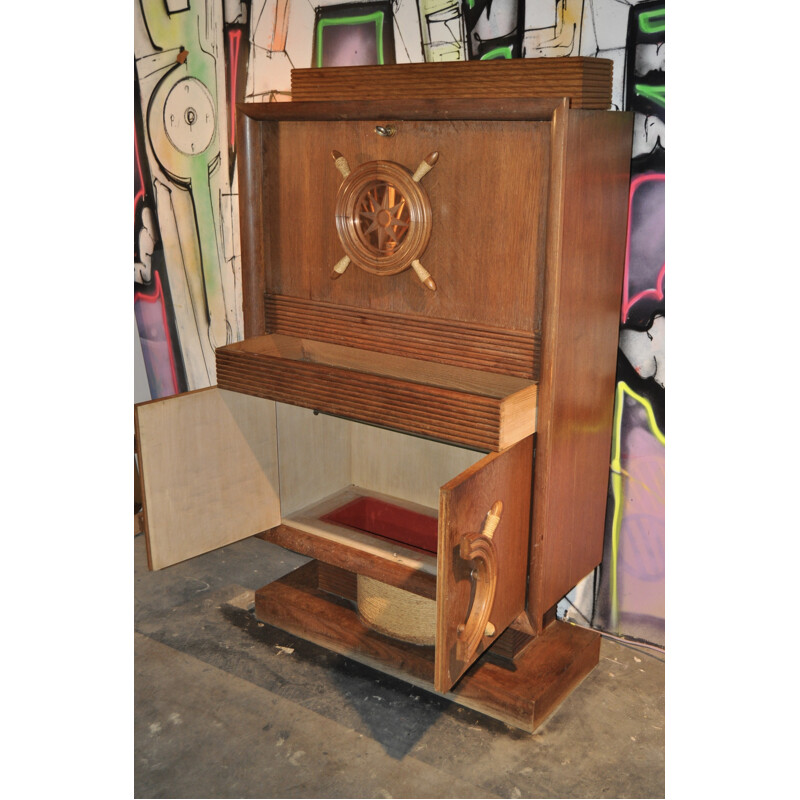 Mid-century bar in oak and rope, Adrien AUDOUX & Frida MINET - 1940s