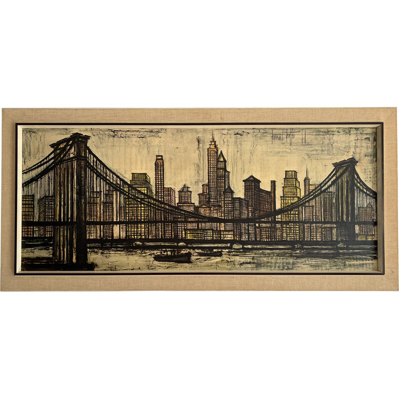 Vintage ingelijste prent van Brooklyn Bridge door Bernard Buffet, 1958