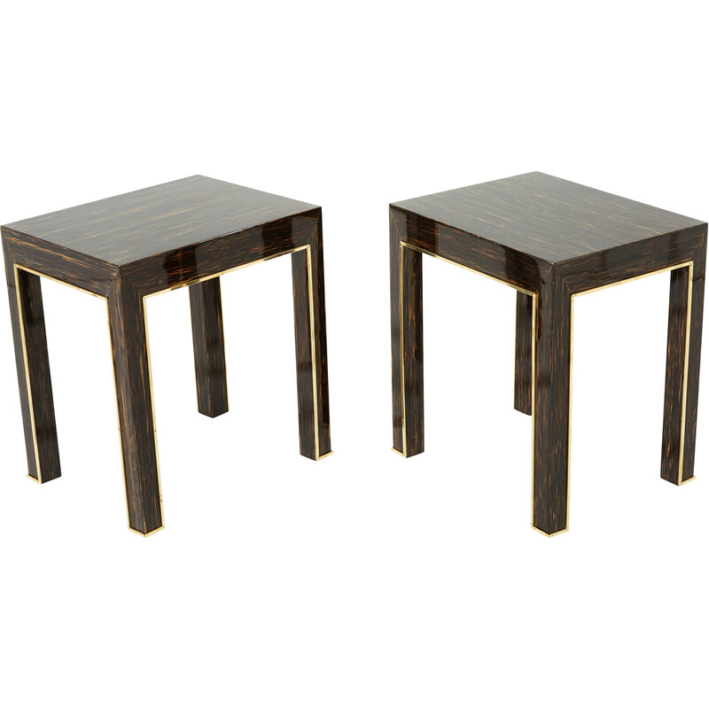 Pair of vintage palm wood and brass side tables by Romeo Paris, 1970