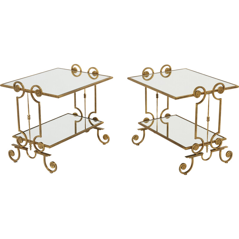 Pair of vintage wrought iron side tables with mirrors, 1950