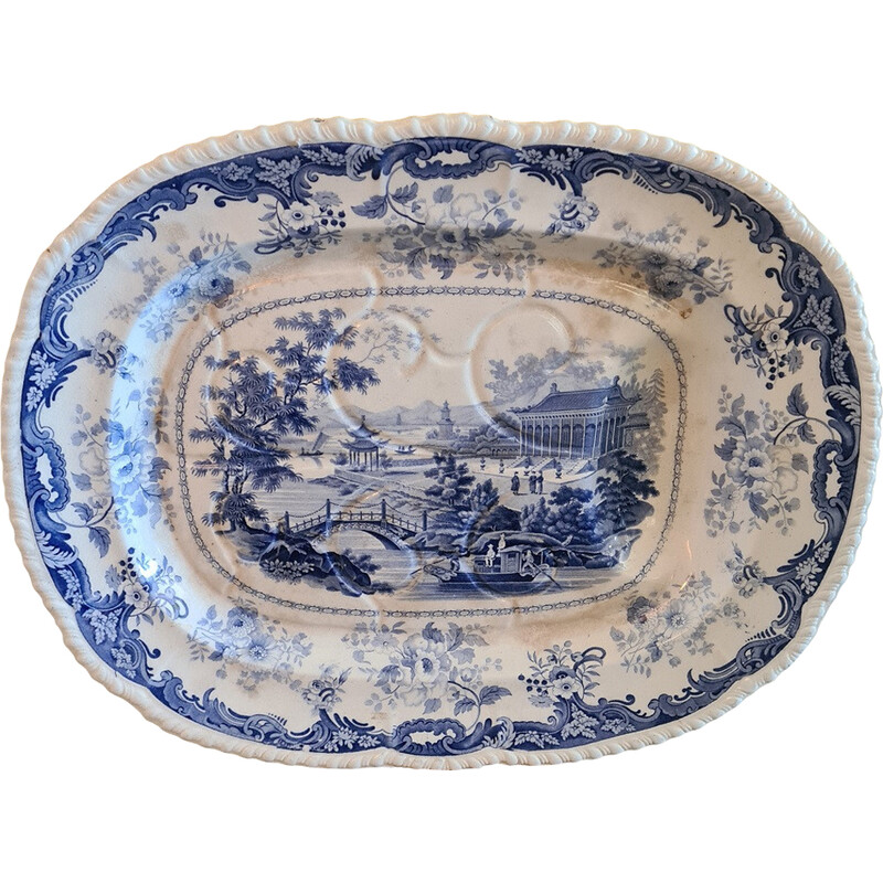 Assiette de service à viande vintage en porcelaine bleue et blanche, 1830