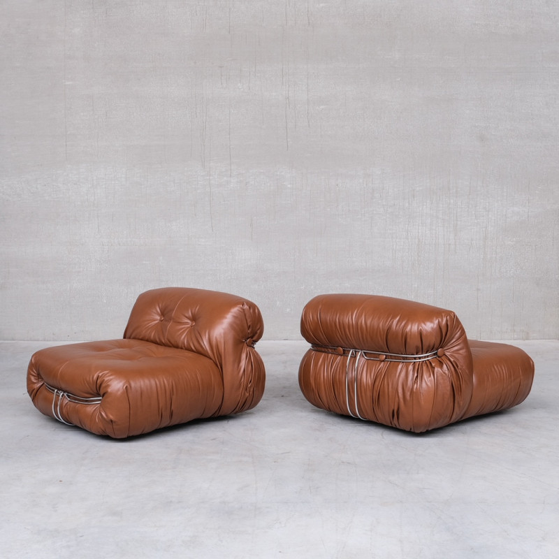 Pair of vintage leather Soriana armchairs by Scarpa for Cassina, Italy 1970s