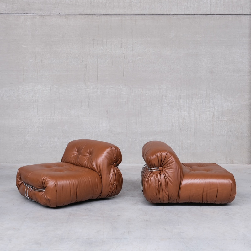 Pair of vintage leather Soriana armchairs by Scarpa for Cassina, Italy 1970s