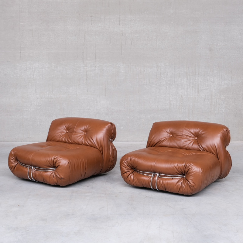 Pair of vintage leather Soriana armchairs by Scarpa for Cassina, Italy 1970s