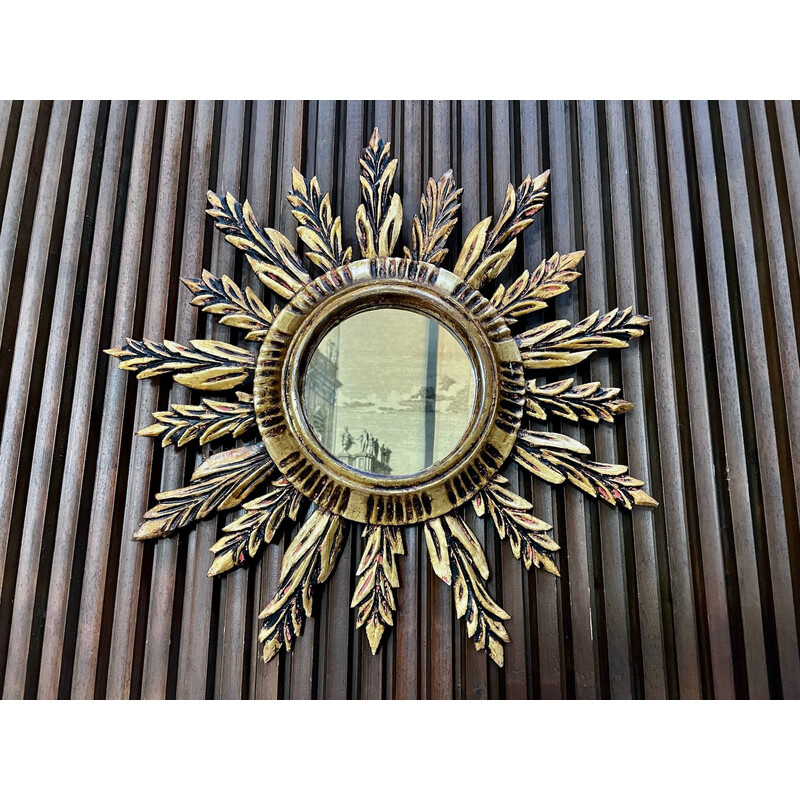 Vintage sunburst wall mirror with gilded wood, France 1930s