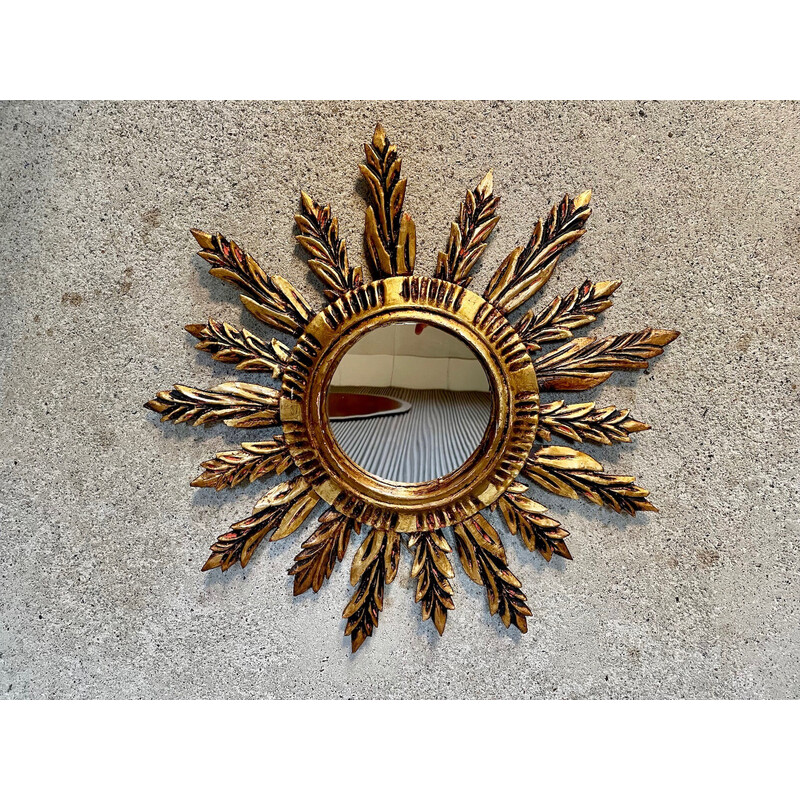 Specchio da parete vintage a raggiera in legno dorato, Francia 1930