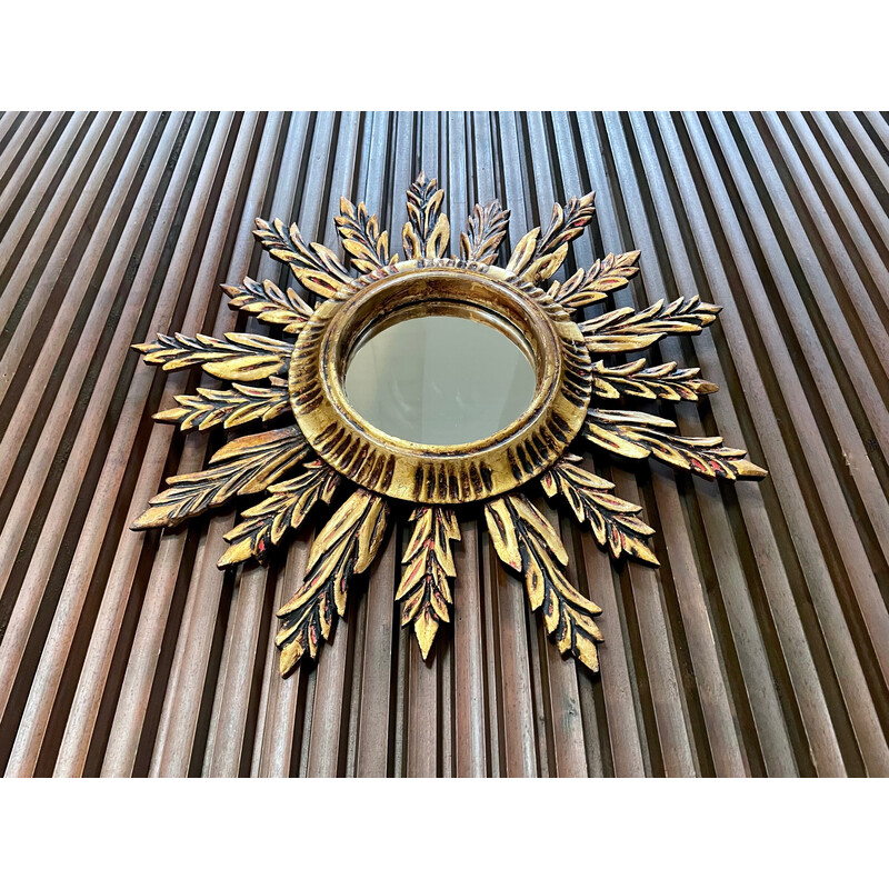 Vintage sunburst wall mirror with gilded wood, France 1930s