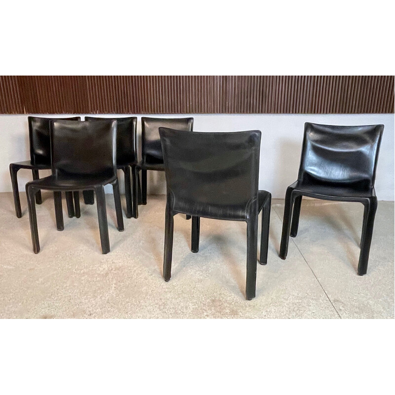 Set of 6 Italian vintage Cab 412 chairs in leather by Mario Bellini for Cassina, 1970s